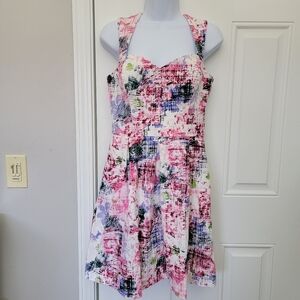 GUESS Textured A Line Sleeveless Floral Mini Sundress Cutout Back Colorful Sz 6